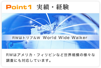 point1実績・経験　RWはトリプル！　WorldWideWalker　RWはアメリカ・フィリピンなど世界規模の様々な調査にも対応しています。